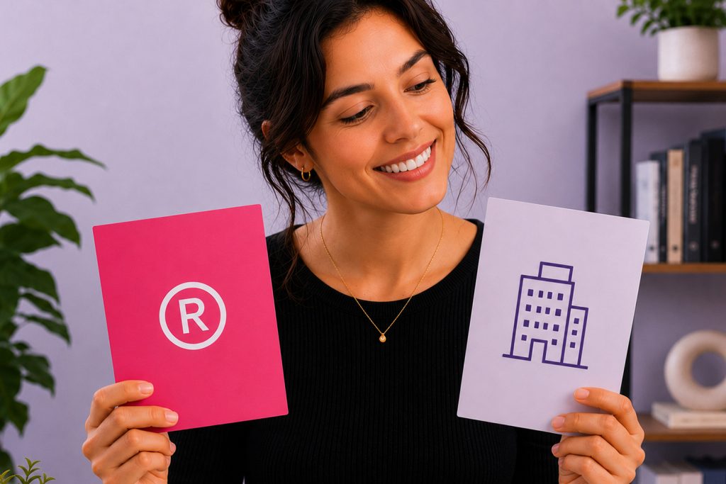 Mulher segurando duas plaquinhas que ilustram a diferença entre marca e nome empresarial