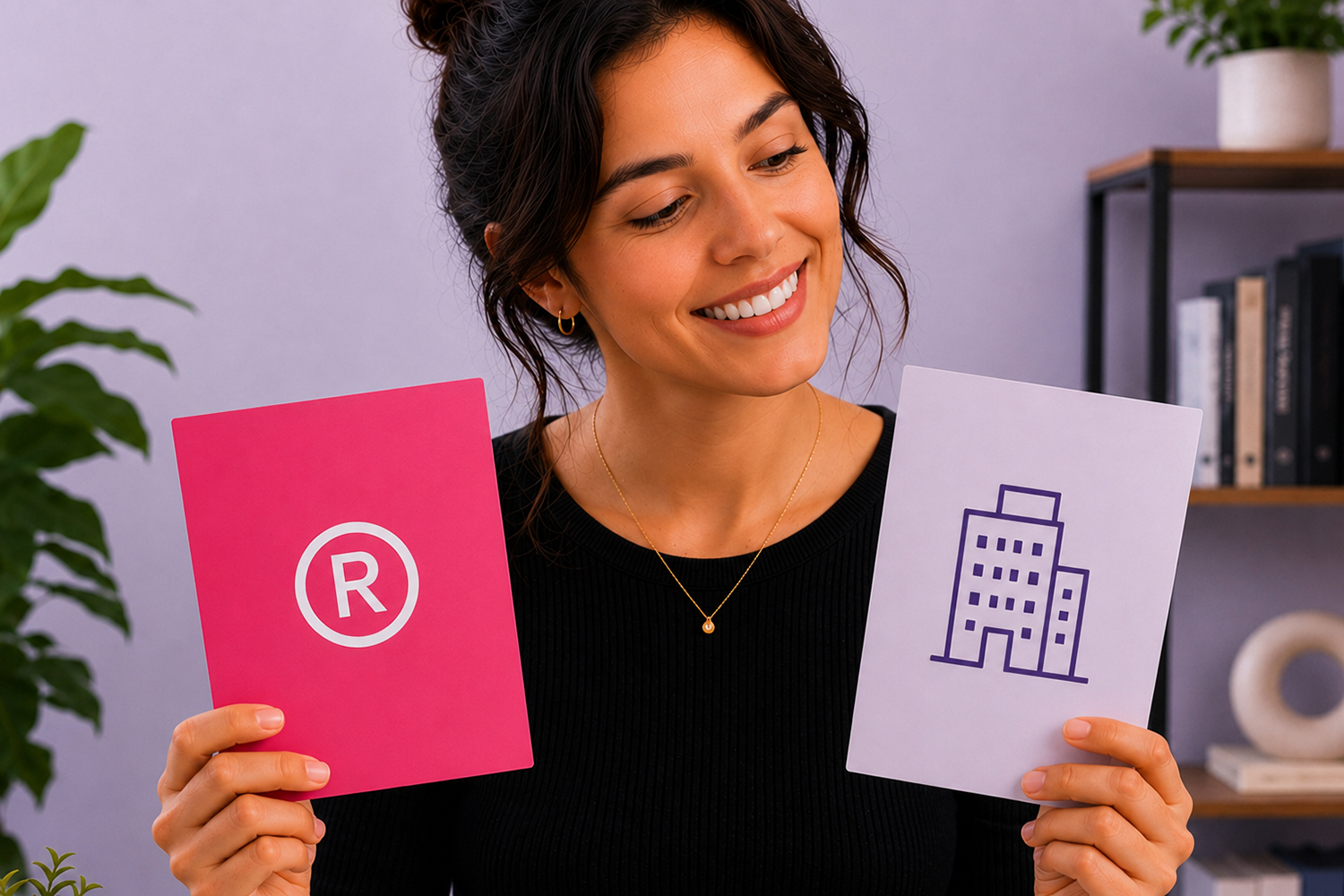 Mulher segurando duas plaquinhas que ilustram a diferença entre marca e nome empresarial