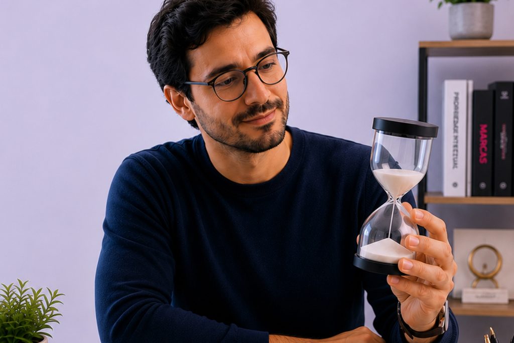 Homem segurando uma ampulheta para representar quanto tempo leva para registrar uma marca no INPI