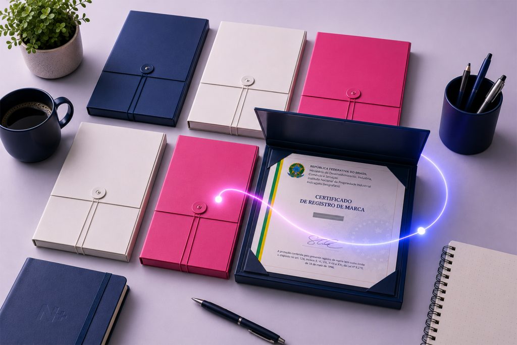 Cadernos em cima da mesa com orientações sobre as classes do INPI.