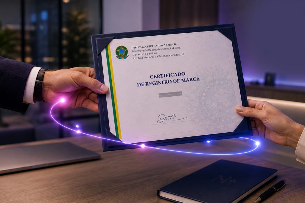 Duas pessoas segurando um certificado de registro de marca.