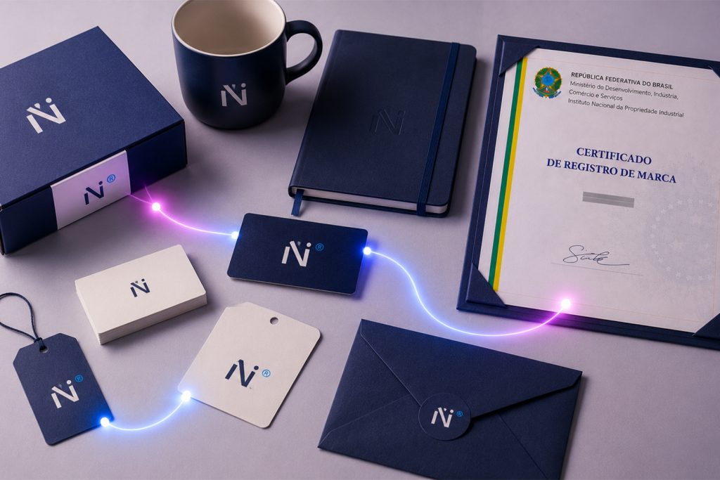 Símbolos de marca registrada espalhadas em uma mesa ao lado de um certificado.