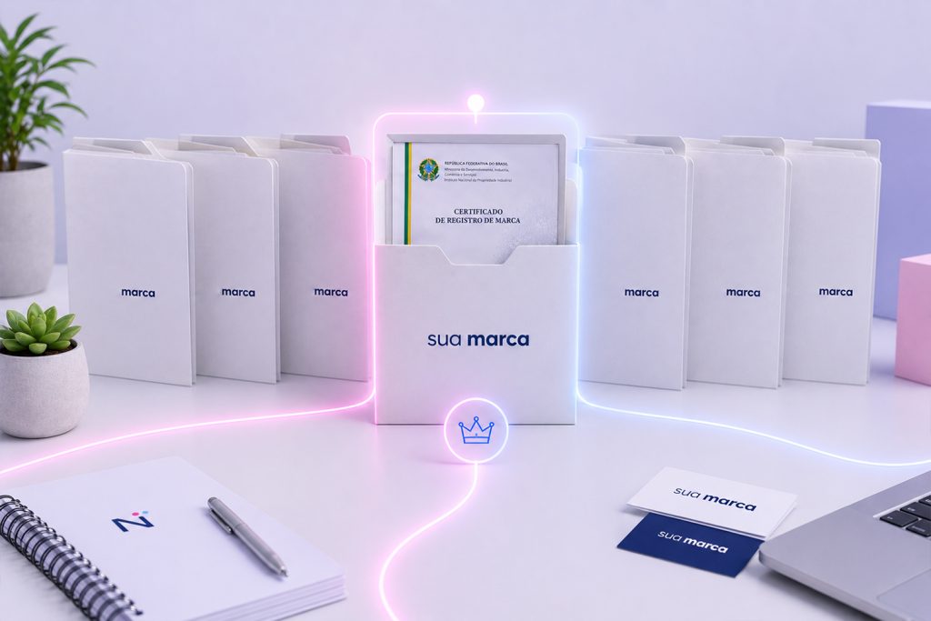 Mesa com caderno, caneta e documento que explica o trâmite prioritário de marcas.