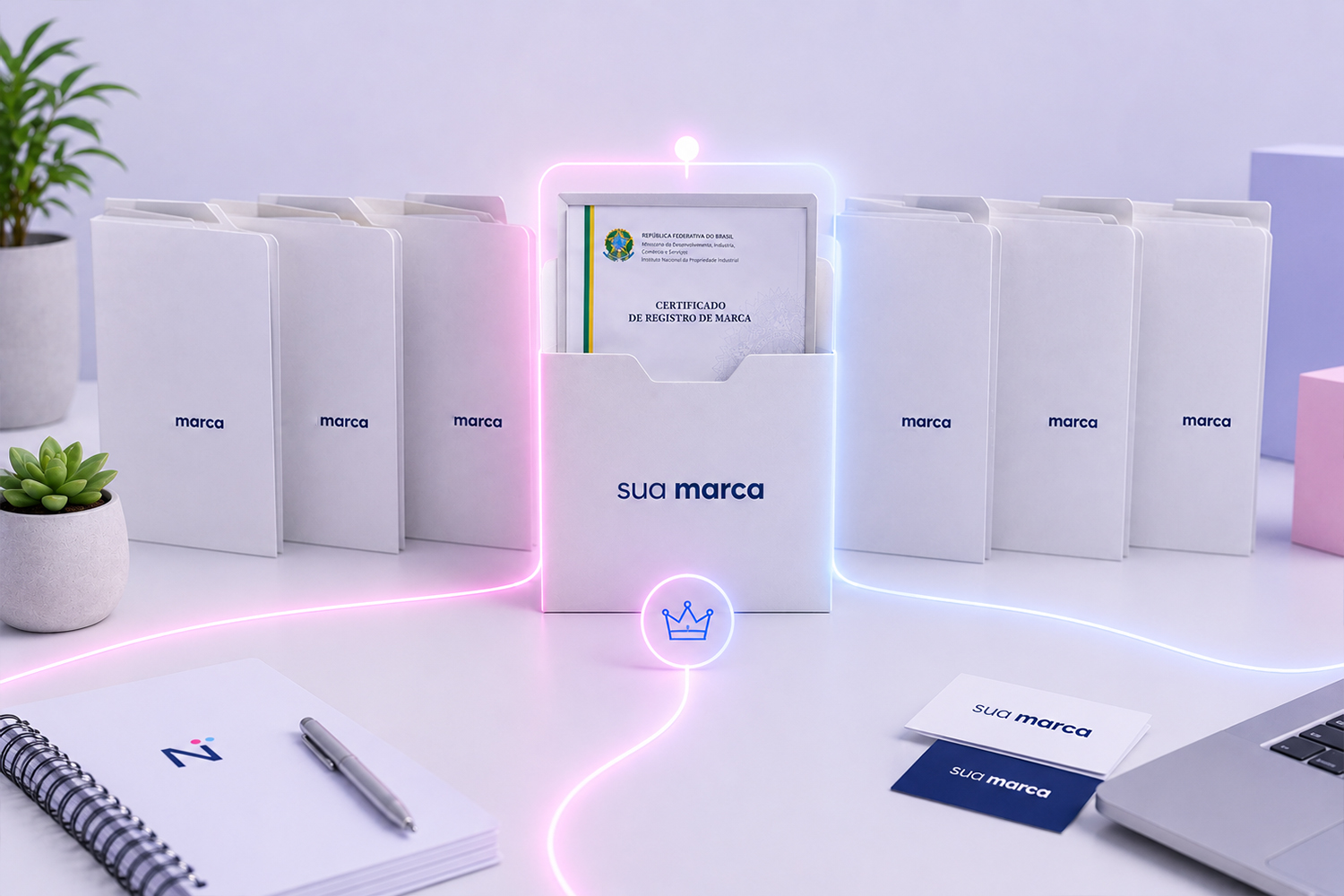 Mesa com caderno, caneta e documento que explica o trâmite prioritário de marcas.